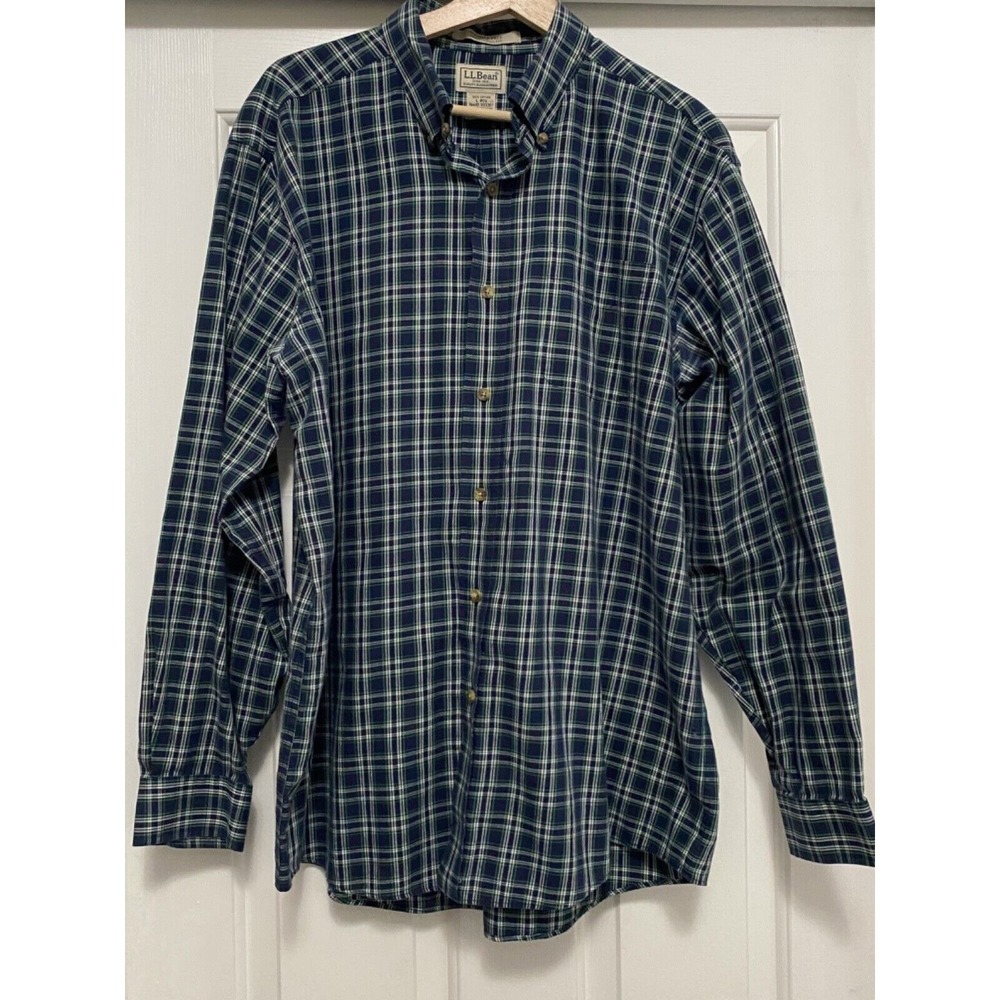 LL Bean Shirt‎ Mens Blue Plaid Large Regular Wrinkle Free Cotton Traditional Fit